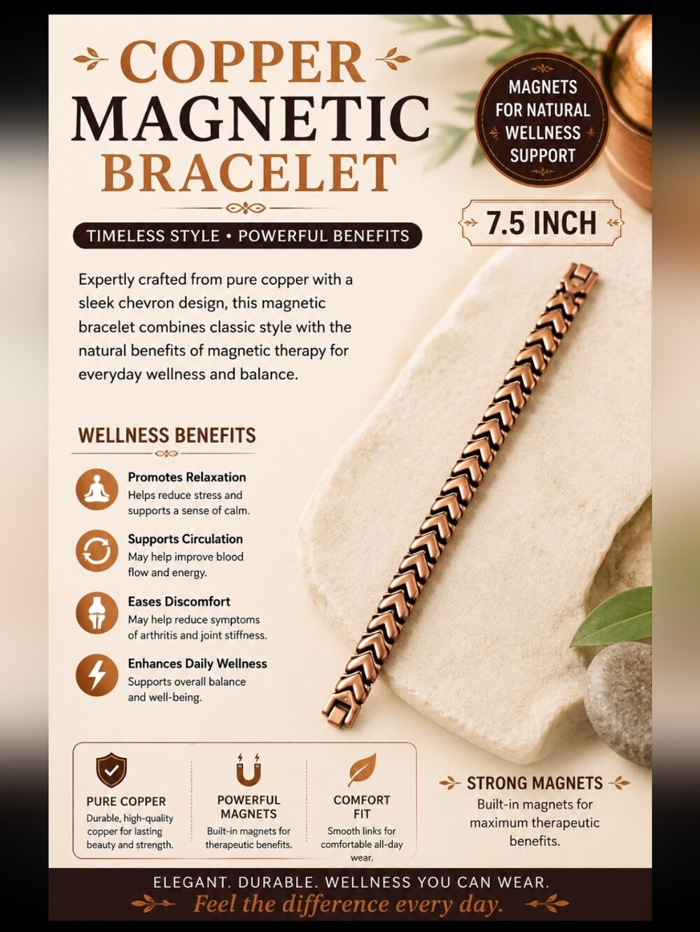 Copper Magnetic Bracelet - Copper Chevron Design